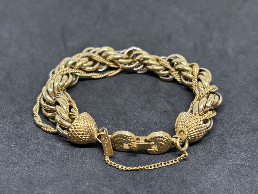 Vintage MONET Book piece Two Tone Twist Rope Golden Bracelet Safety Chain 7”